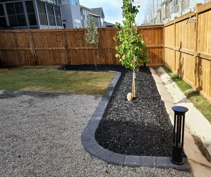 Lush garden landscaping with strategic tree placement and colorful plantings